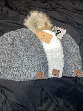 C.C Cable Knit Beanie, pom pom and messy bun set of three 2 are nwt